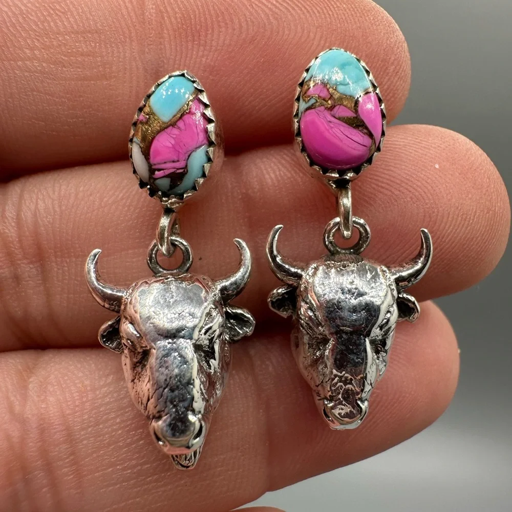 Cotton Candy Turquoise Sterling Silver 925 Bull Cow Dangle Earrings Handmade - Picture 6 of 6